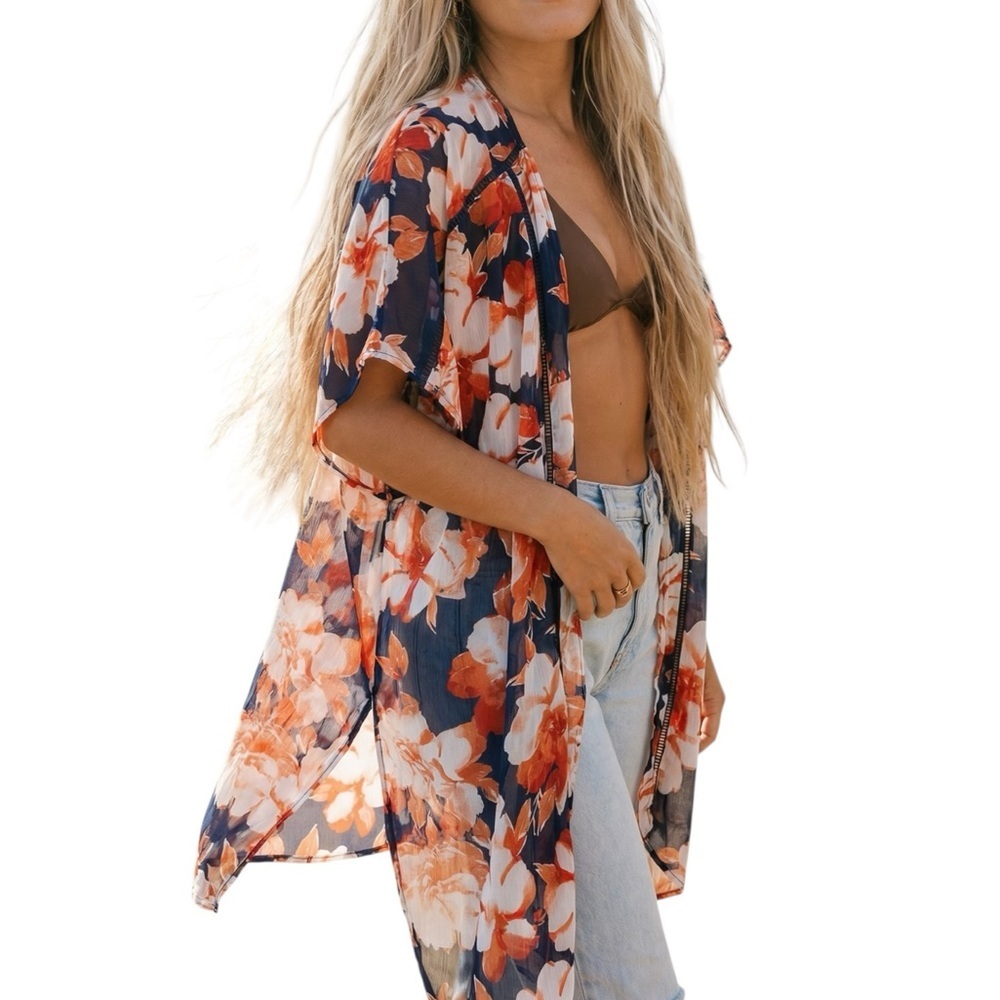 Band Of Gypsies M/L Blue Coral Long Floral Kimono Cardigan Beach Resort